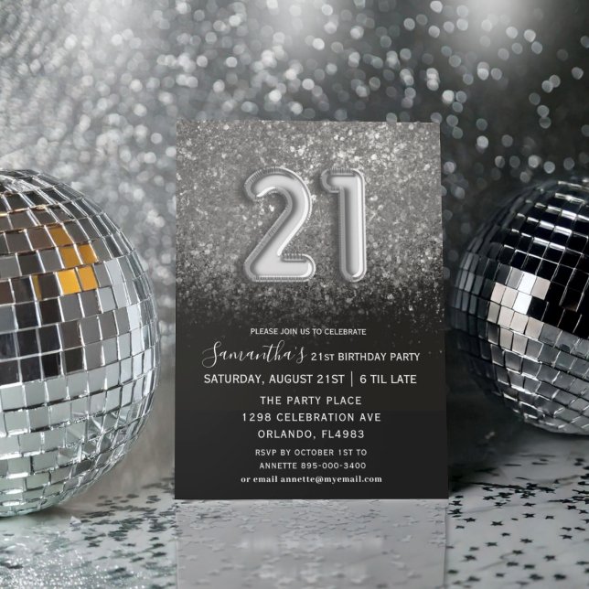 Chic 21st Birthday Black Silver Balloon Type  Invitation (Creator Uploaded)