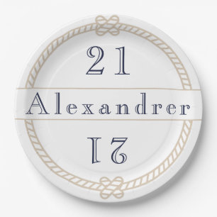 Chic 21st Birthday Gold Tan Nautical Name Classic Paper Plates