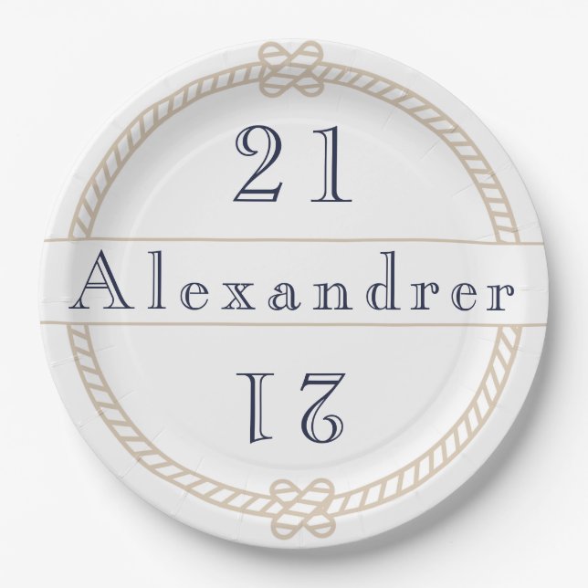 Chic 21st Birthday Gold Tan Nautical Name  Classic Paper Plates (Front)