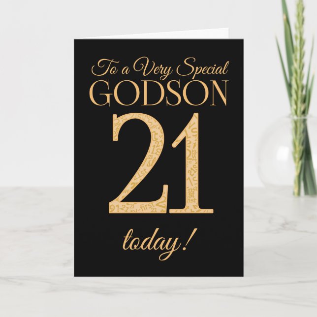 Chic 21st Gold-effect on Black, Godson Birthday Card (Front)