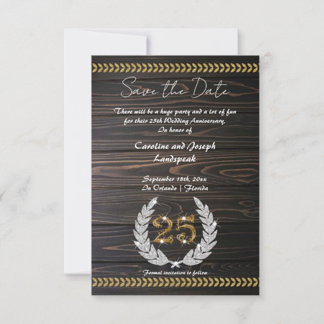Chic 25th Anniversary Wood & Gold  Save the Date Invitation (Front)