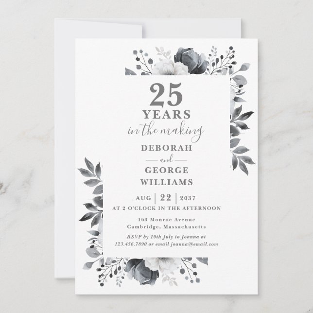Chic 25th Wedding Anniversary Monogram Floral  Invitation (Front)