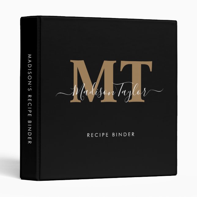 Chic 2 Monogram Black Gold Script Kitchen Recipe 3 Ring Binder (Front/Spine)
