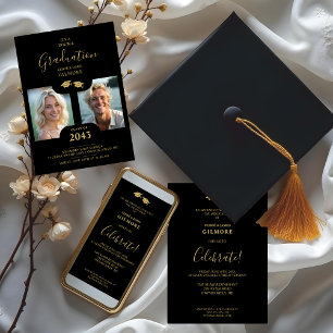 Chic 2-Photo Twins Graduation Faux Golden Black Invitation