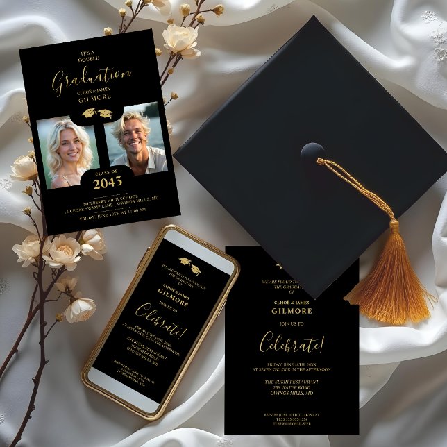 Chic 2-Photo Twins Graduation Faux Golden Black Invitation (Chic 2-Photo Double Twins Graduation Fake Golden and Black Whimsical Modern Calligraphy Invites.)