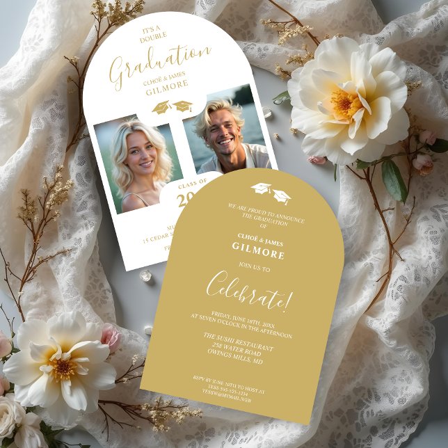 Chic 2-Photo Twins Graduation Faux Golden White Invitation (Chic 2-Photo Double Twins Graduation Fake Golden and White Whimsical Modern Calligraphy Invites.)