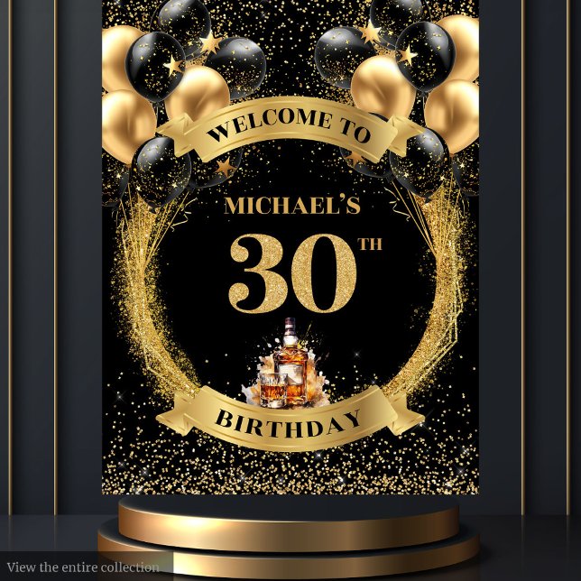 Chic 30th Man Birthday Whiskey Photo Party Banner Tapestry (Chic 30th Man Birthday Whiskey Photo Party Banner)