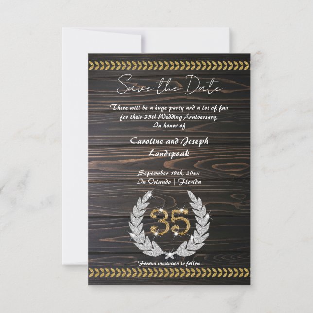 Chic 35th Anniversary Wood & Gold  Save the Date Invitation (Front)