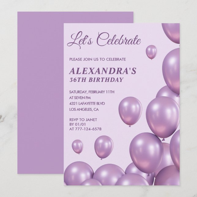 Chic 36th birthday invitations Balloons  Purple (Front/Back)