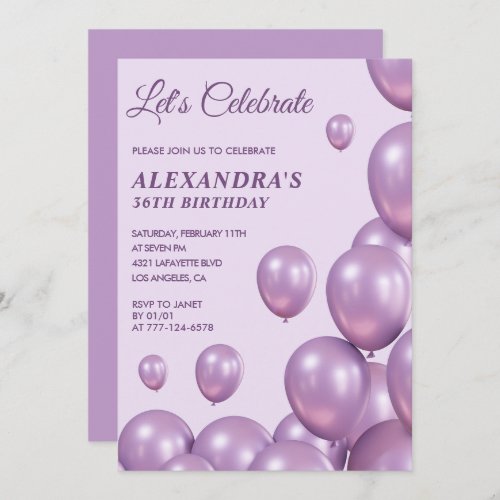 Chic 36th birthday invitations Balloons  Purple
