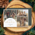 Chic 3 Photo Collage Arch Merry Christmas Photo  Holiday Card<br><div class="desc">Make memories unforgettable with our Holiday Photo Card. Presenting a delightful 3-photo collage with an arch overlay on the left, embellished with "Merry Christmas" in faux gold foil script calligraphy. Personalize it with your family name and year in a sleek, minimalist font. Flip it over to reveal a rich green...</div>