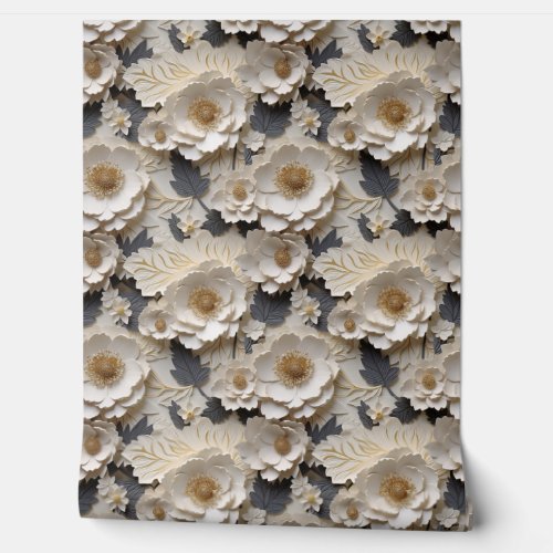 Chic 3d white and gold flowers spring floral wallpaper 