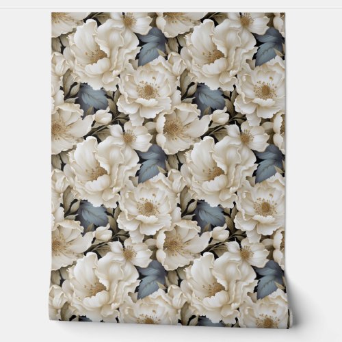 Chic 3d white gold and sage flowers spring floral wallpaper 