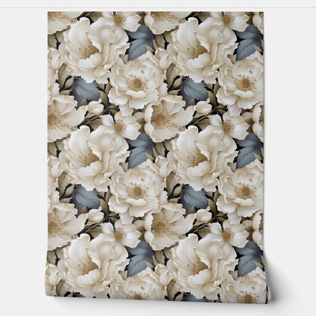Chic 3d white gold and sage flowers spring floral wallpaper  (Unrolling)