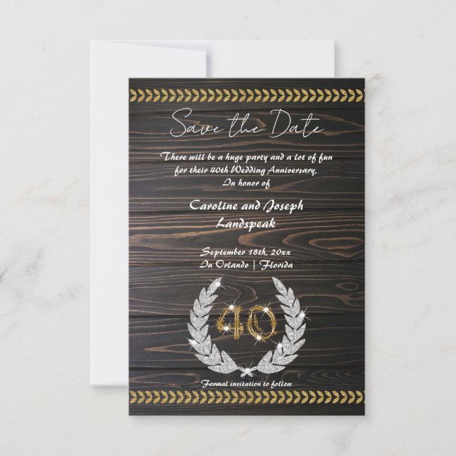 Chic 40th Anniversary Wood & Gold  Save the Date Invitation (Front)