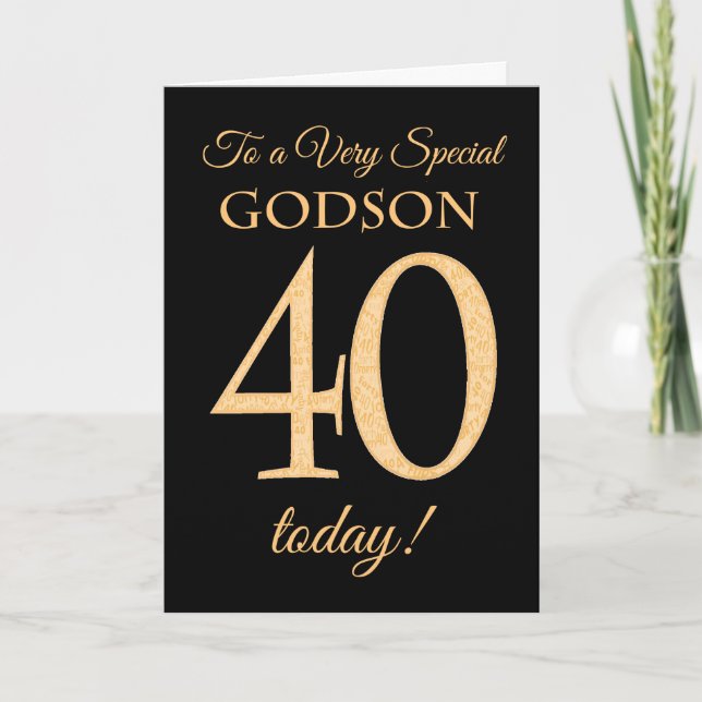 Chic 40th Gold-effect on Black, Godson Birthday Card (Front)