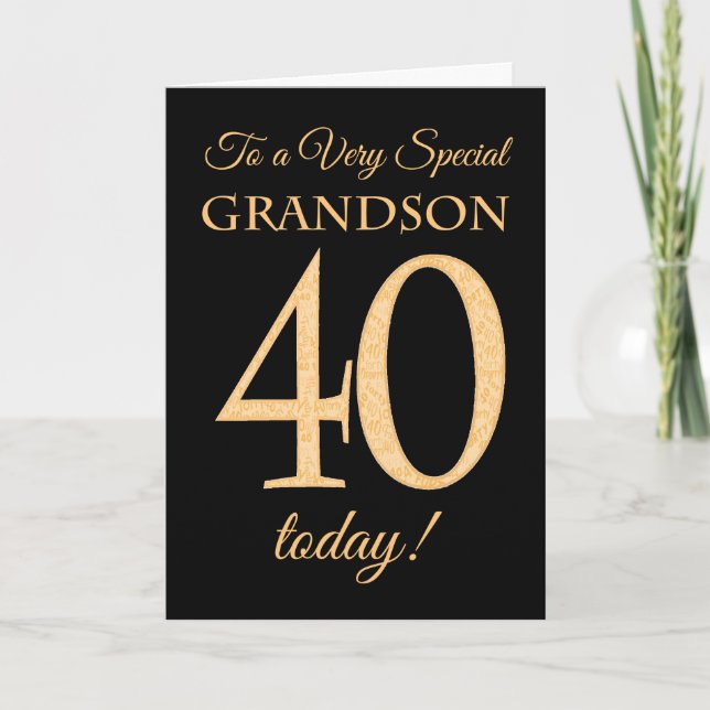 Chic 40th Gold-effect on Black, Grandson Birthday Card (Front)