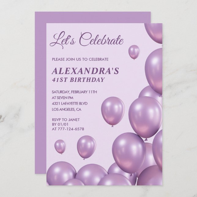 Chic 41st birthday invitations Balloons  Purple (Front/Back)