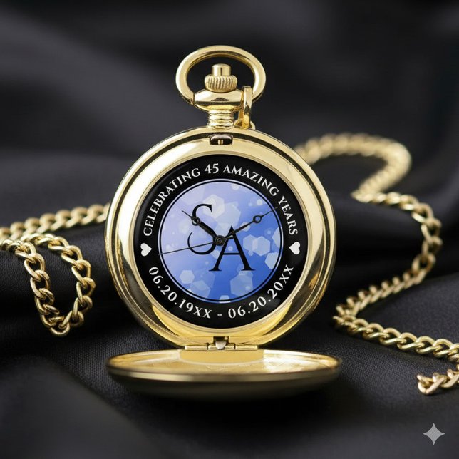 Chic 45th 51st 65th Sapphire Wedding Anniversary Pocket Watch (Elegant 45th 51st 65th Sapphire Wedding Anniversary Pocket Watch Cover Photo)