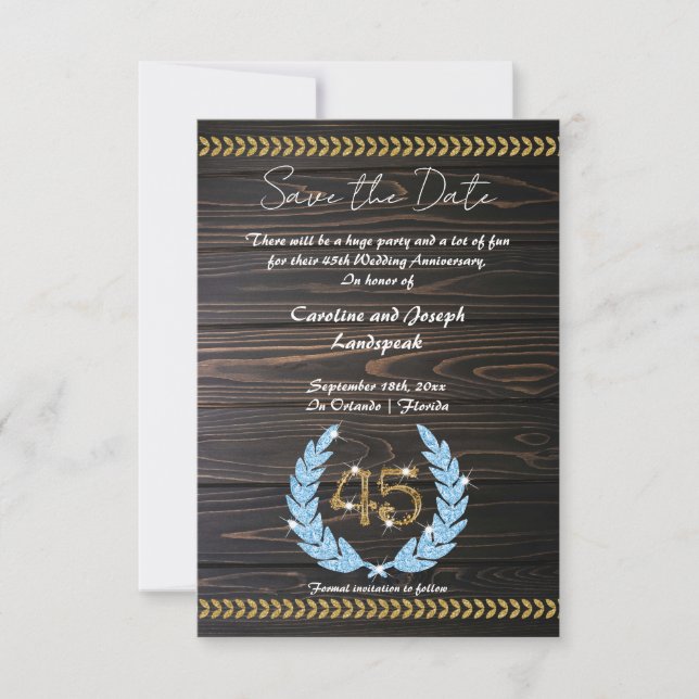 Chic 45th Anniversary Wood & Gold  Save the Date Invitation (Front)