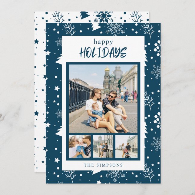 Chic 4 Photo Collage Blue Happy Holidays Card (Front/Back)