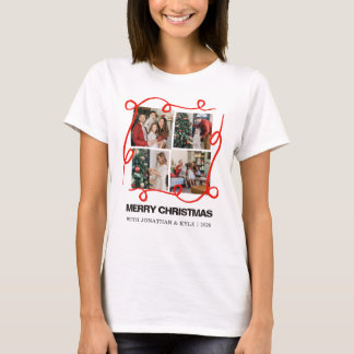 Chic 4 Photo Collage Red Ribbon Merry Christmas T-Shirt