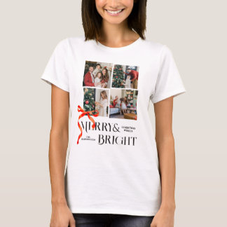 Chic 4 Photo Collage Red Ribbon Merry Christmas T-Shirt
