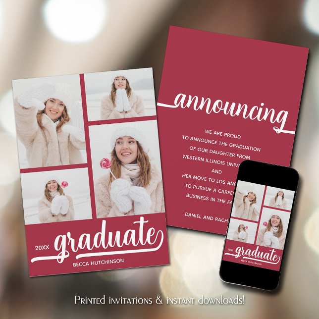 Chic 4 Photo Crimson Red Graduation Announcement (Chic 4 Photo Crimson Red Graduation Announcements)