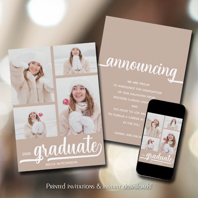 Chic 4 Photo Graduation Announcement (Chic 4 photo taupe-beige graduation announcements)