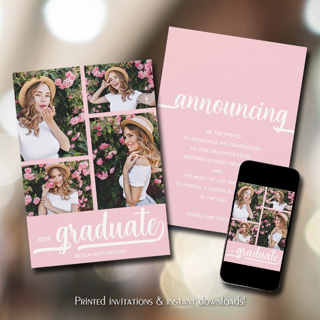 Chic 4 Photo Graduation Announcement (Chic 4 photo collage pink graduation announcements)