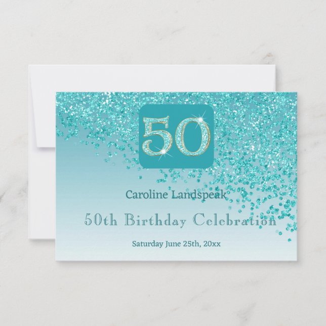 Chic 50 Birthday Teal Blue Glitter RSVP Card (Front)