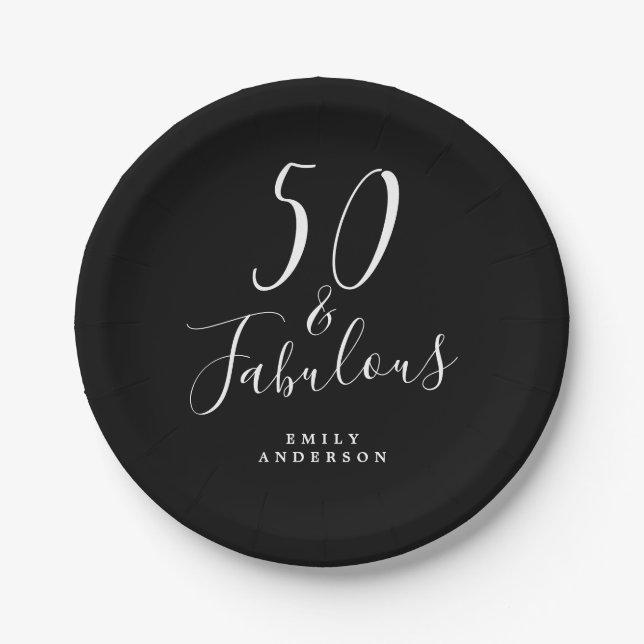 Chic 50 Fabulous Black White 50th Birthday Paper Plates (Front)