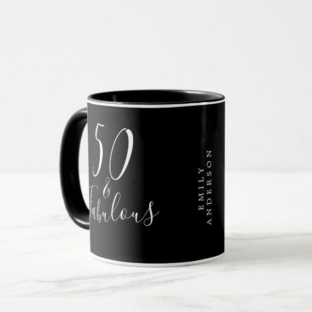 Chic 50 Fabulous Black White Name 50th Birthday Mug (Front Left)