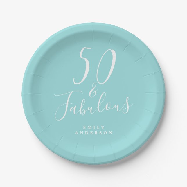 Chic 50 Fabulous Blue 50th Birthday Paper Plates (Front)