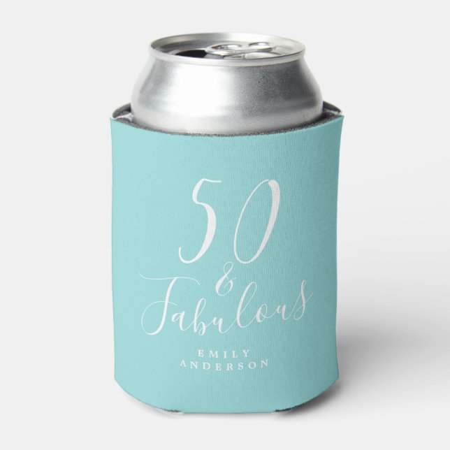 Chic 50 Fabulous Blue Name 50th Birthday Can Cooler (Can Front)