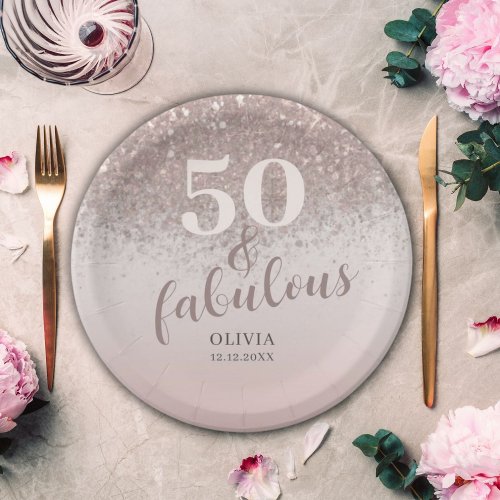 Chic 50  Fabulous Glitter Rose Gold Birthday  Paper Plates