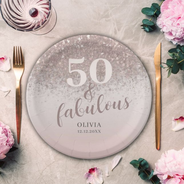 Chic 50 & Fabulous Glitter Rose Gold Birthday  Paper Plates (Creator Uploaded)