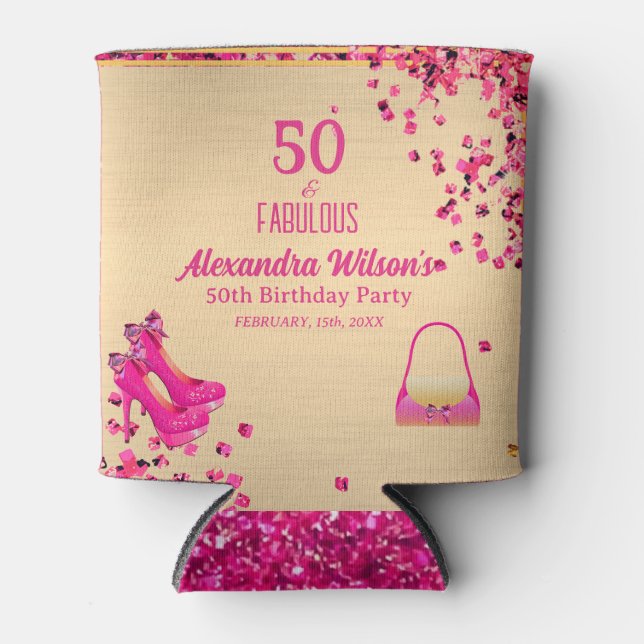 Chic 50& Fabulous High Heels Gold Hot Pink Glitter Can Cooler (Front)
