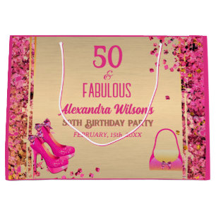 Chic 50& Fabulous High Heels Gold Hot Pink Glitter Large Gift Bag
