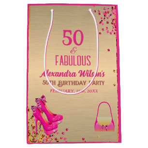 Chic 50& Fabulous High Heels Gold Hot Pink Glitter Medium Gift Bag
