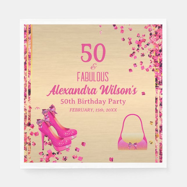 Chic 50& Fabulous High Heels Gold Hot Pink Glitter Napkins (Front)