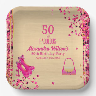 Chic 50& Fabulous High Heels Gold Hot Pink Glitter Paper Plates