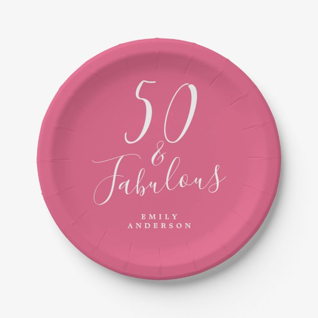 Chic 50 Fabulous Hot Pink 50th Birthday Paper Plates (Front)