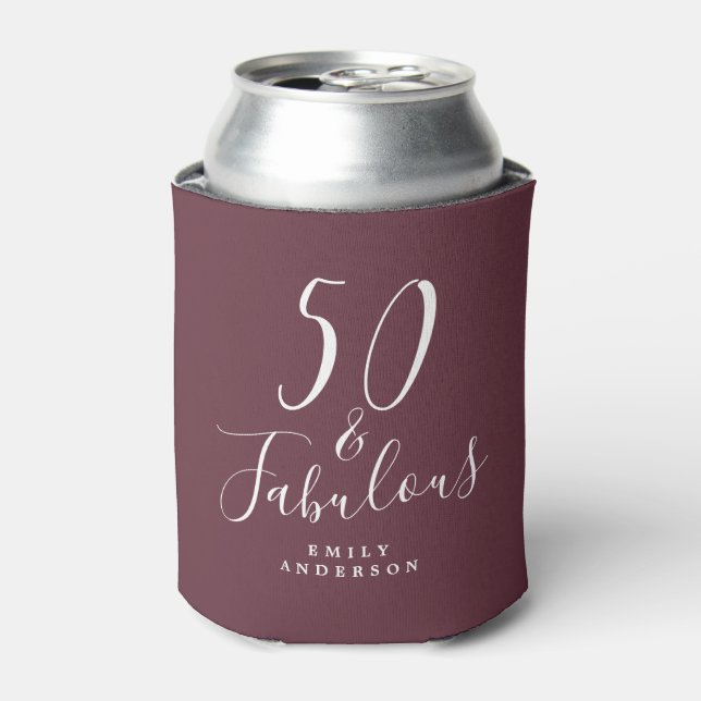 Chic 50 Fabulous Name Burgundy 50th Birthday Can Cooler (Can Front)