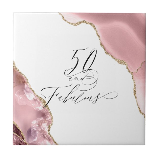 Chic 50 Fabulous Rose Gold Glitter Agate Script Ceramic Tile (Front)