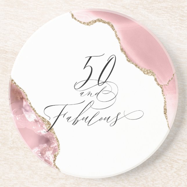 Chic 50 Fabulous Rose Gold Glitter Agate Script Coaster (Front)