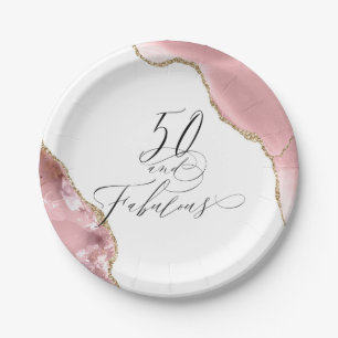 Chic 50 Fabulous Rose Gold Glitter Agate Script Paper Plates