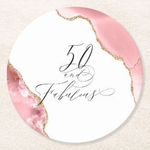 Chic 50 Fabulous Rose Gold Glitter Agate Script Round Paper Coaster