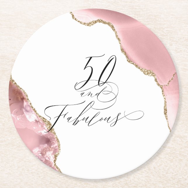 Chic 50 Fabulous Rose Gold Glitter Agate Script Round Paper Coaster (Front)