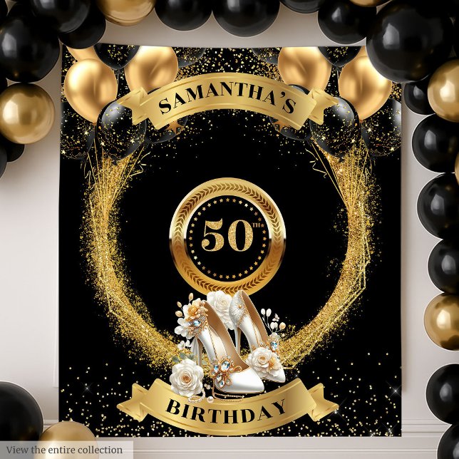Chic 50th Birthday Banner Gold Glitter Heels Tapestry (Chic 50th Birthday Banner Gold Glitter Heels Tapestry)
